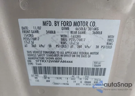 2008 Ford F-150 Fx2/Stx/Xl/Xlt from USA, damaged, VIN 1FTRX12W98FA86444
